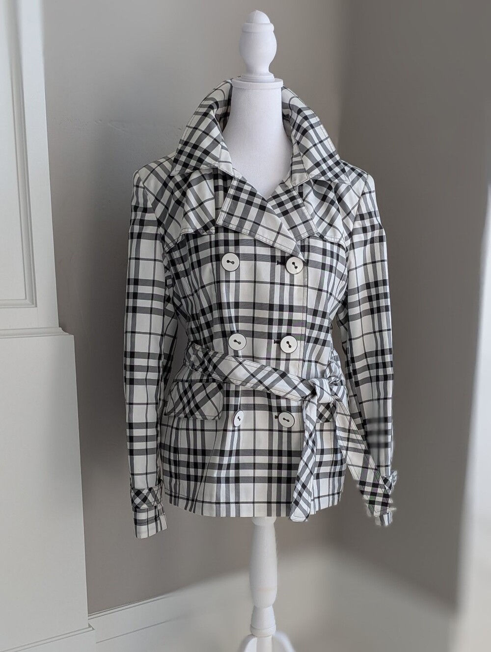 giacca Black & White Plaid Double-Breasted  Trench Style Rain Coat & Windbreaker